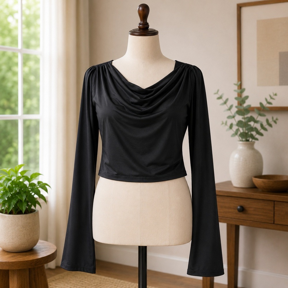 Open‎ Edit Black Draped Cowl Neck Long Sleeve Crop Top Small